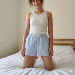 Oddli Shorts Women XS/S Blue Gingham Upcycled Boxer Relaxed Coastal Summer